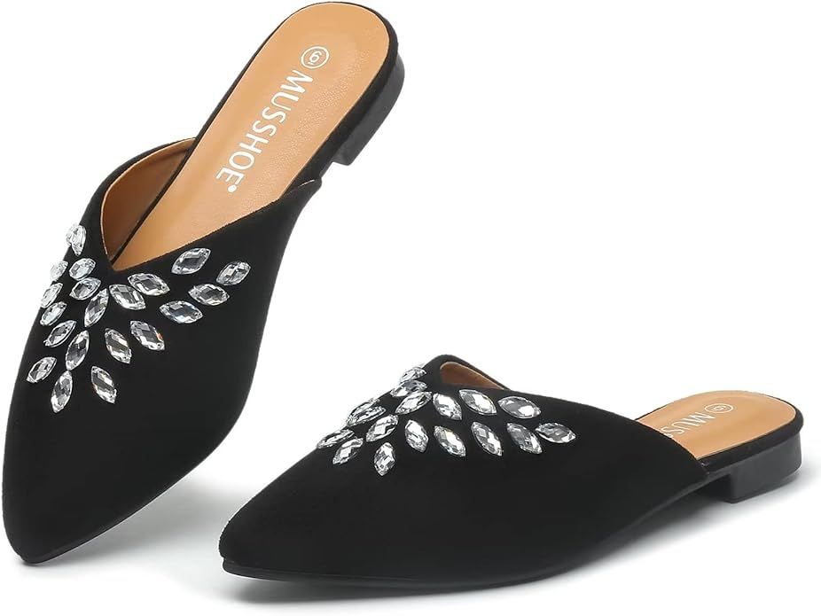 MUSSHOE Mules for Women Flats Comfortable Pointed Toe Women Mules with Rhinestone | Amazon (US)