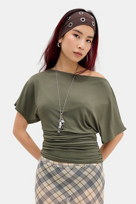 Silence + Noise Sasha Slash Neck Ruched Waist T-Shirt | Urban Outfitters UK