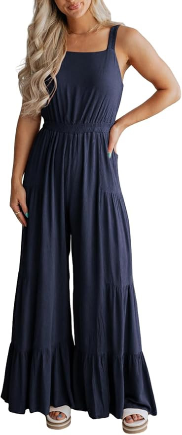 BLENCOT Jumpsuits for Women Summer Casual Loose Sleeveless Overalls Jumpsuit Ruffle Wide Leg Long... | Amazon (US)