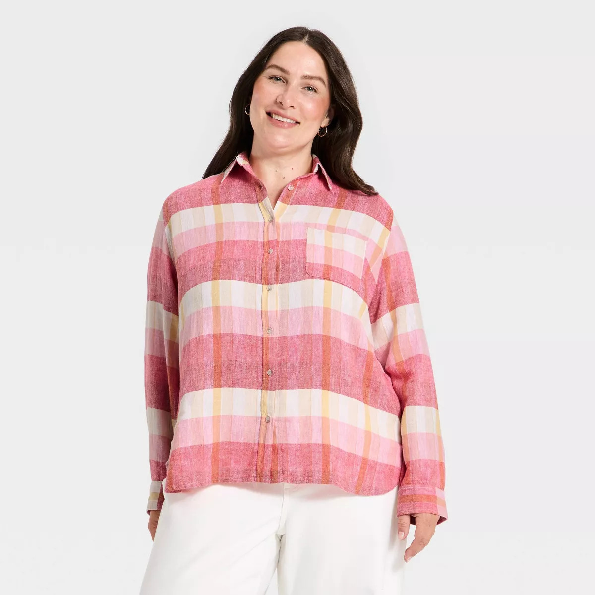 Women's Long Sleeve Linen Collared Button-Down Shirt - Universal Thread™ Pink Plaid XXL | Target