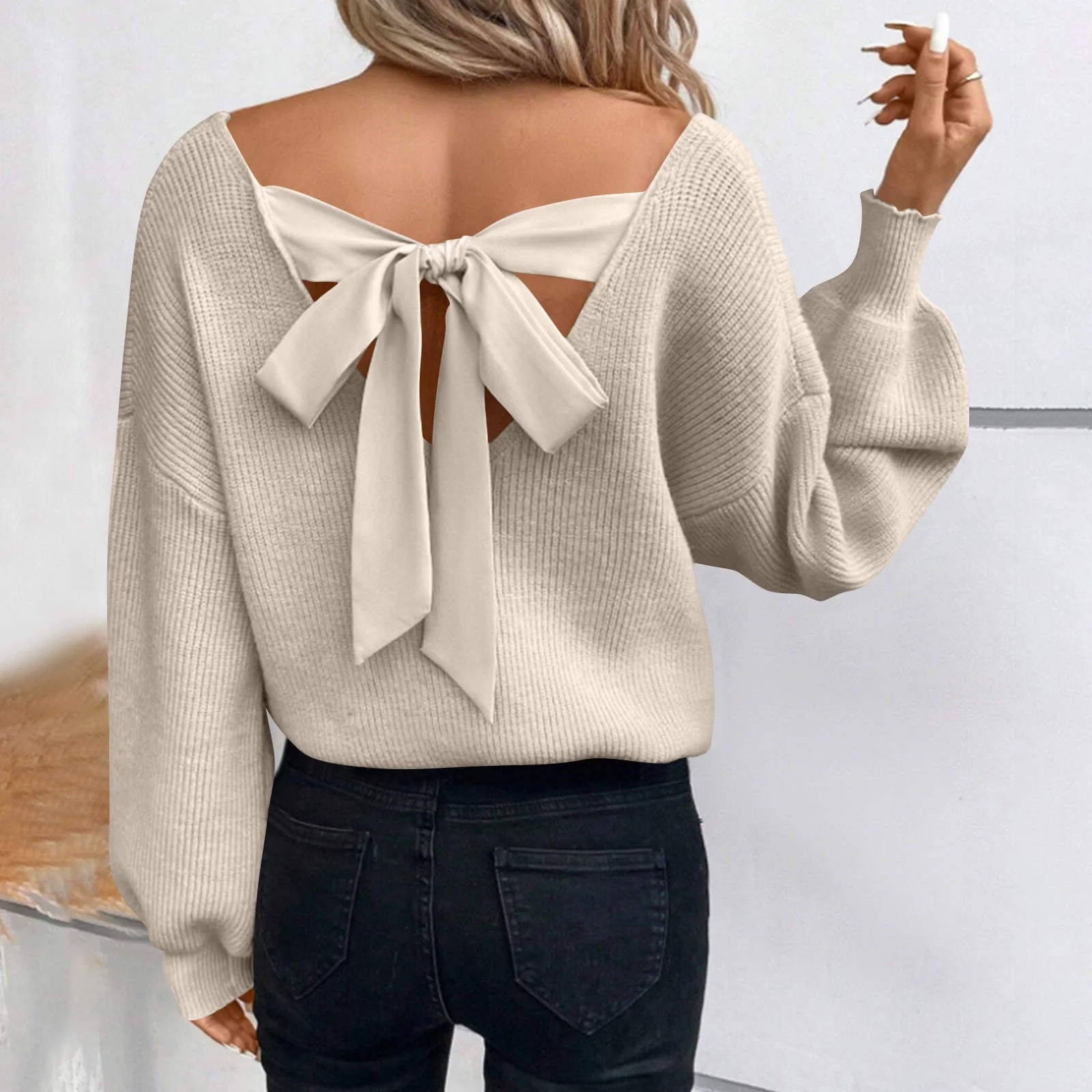 Craaazy Womens Sweaters Solid Color V-neck Long Sleeve Knitted Pullover Top with Bowknot Decorati... | Walmart (US)