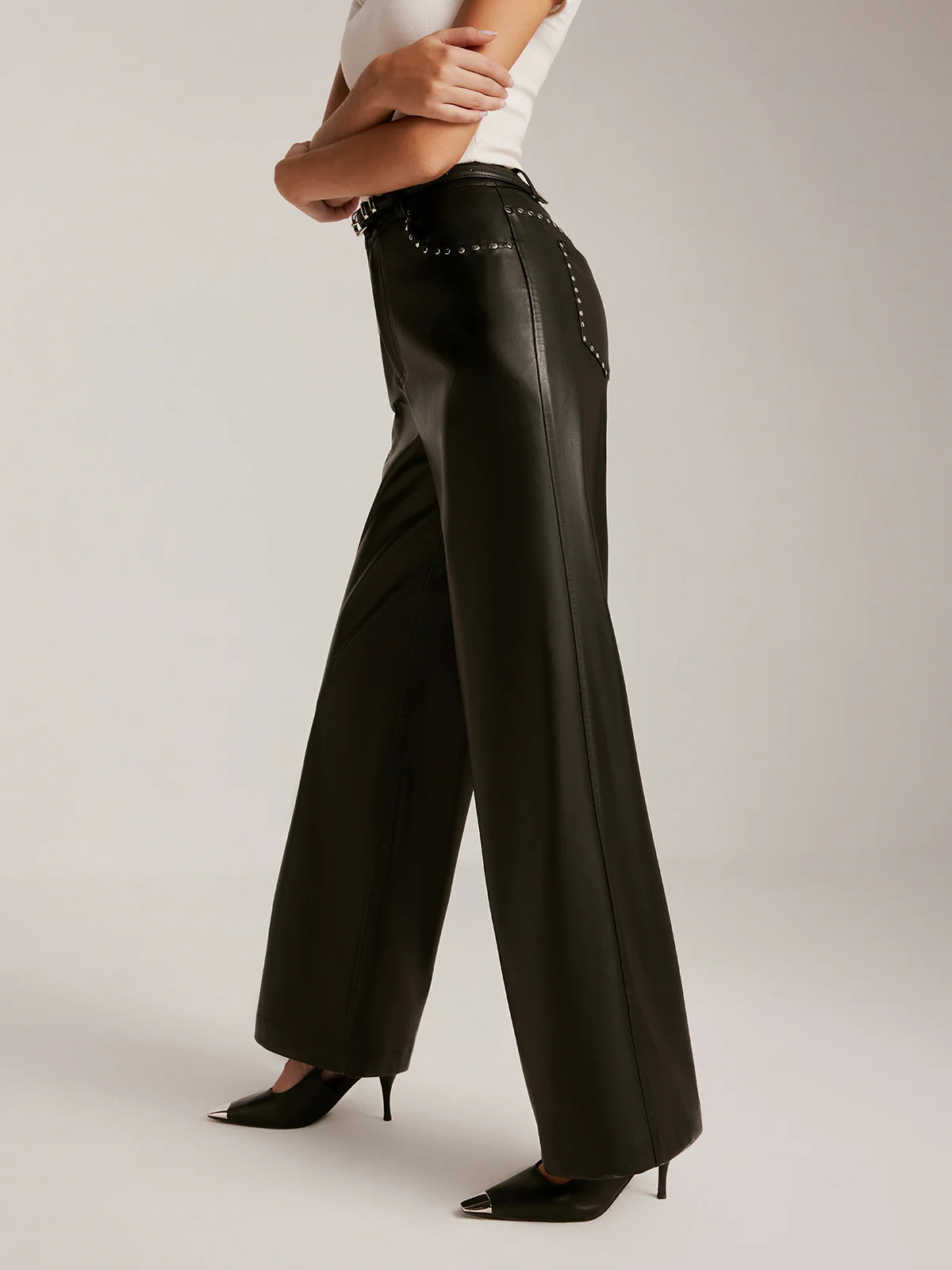 Studded-Decor PU Leather Straight Pants | Commense