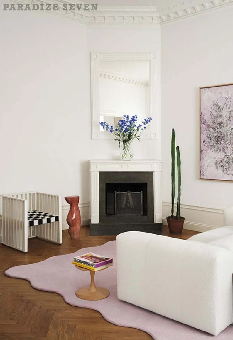 Scallop Rug Pink Lavender/cream-white, Hand-tufted Wool Area Rug/carpet for Bedroom Aesthetics, L... | Etsy (US)