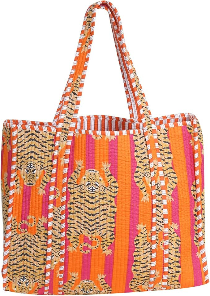 Cotton Tiger Block Print Tote Bag, Indian Handmade Shopping Shoulder Bag, Unisex Market Daily Use | Amazon (US)