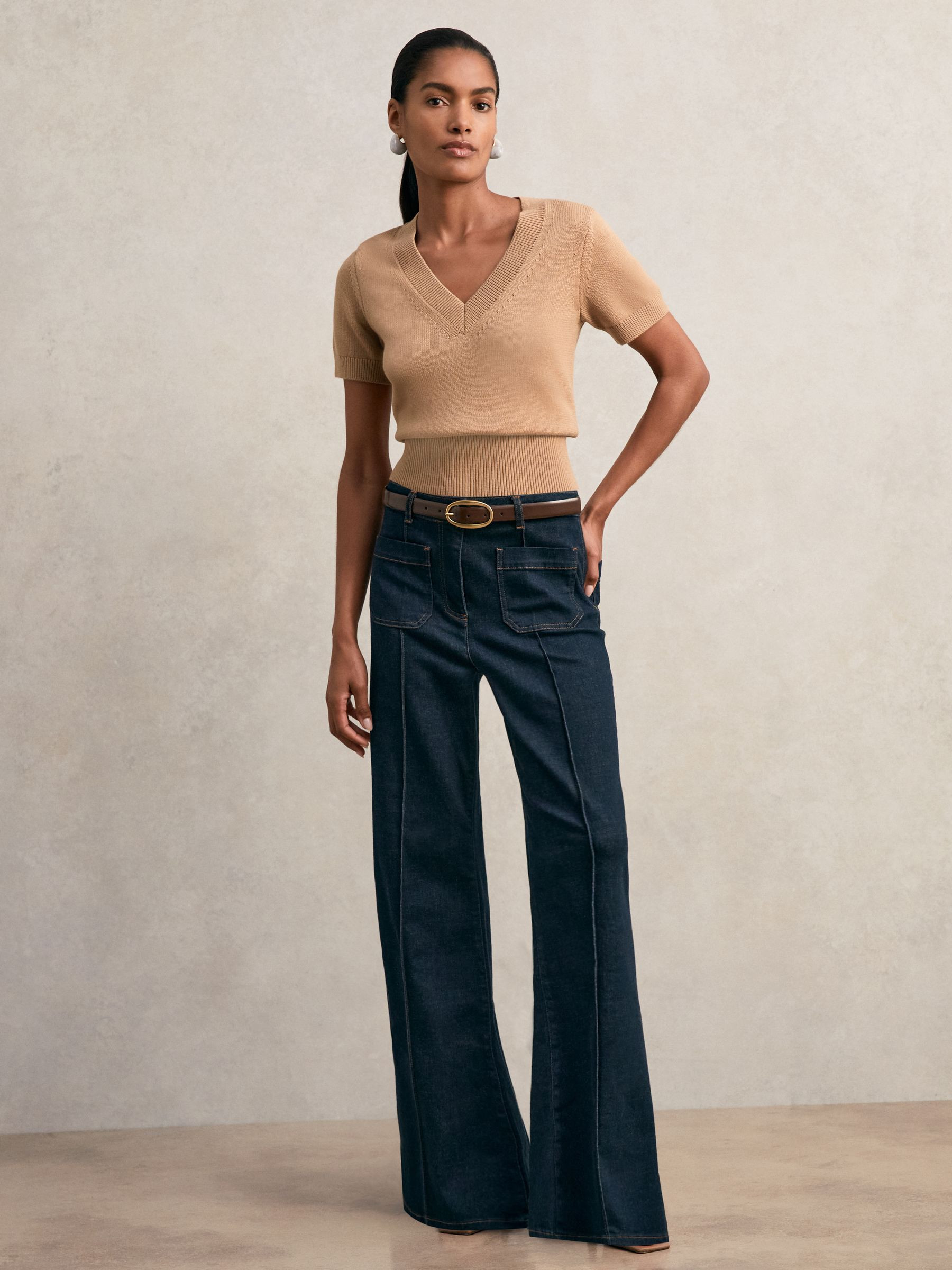 Cotton-Wool Knit V-Neck Top in Camel | Reiss US