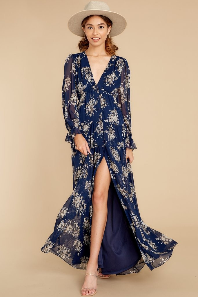 This Is It Navy And Beige Floral Print Maxi Dress | Red Dress 