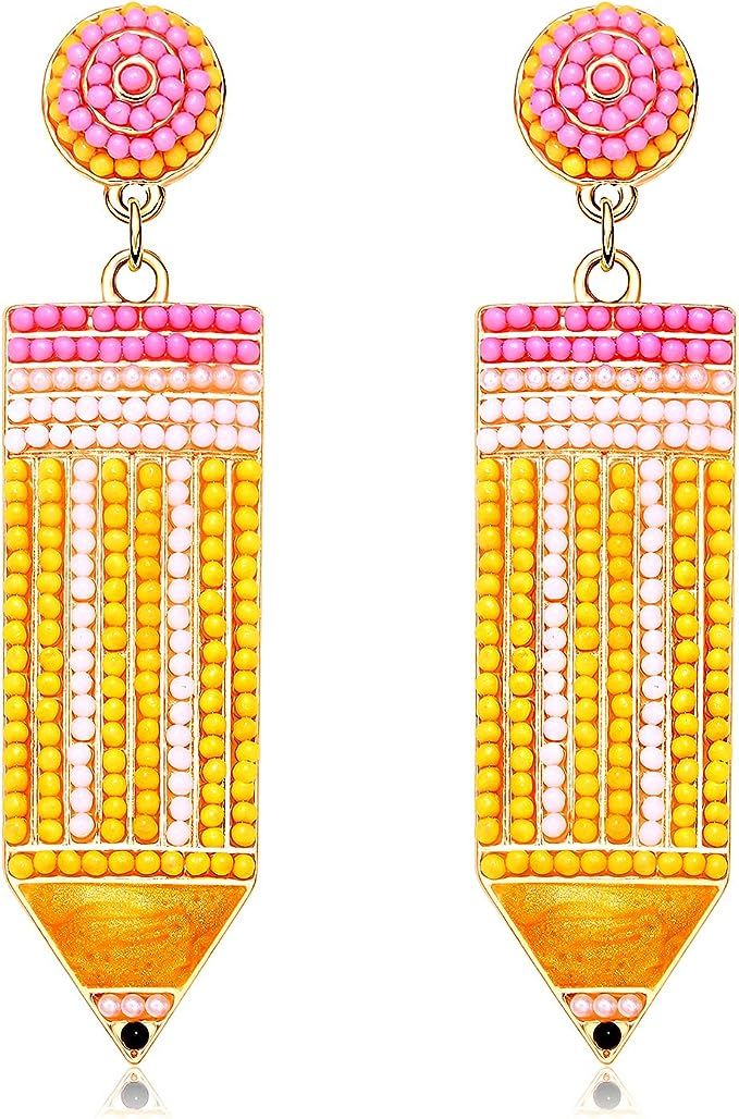 Teacher Earrings Beaded Pencil Earrings for Women Handmade Beaded Dangle Drop Earrings Back To Sc... | Amazon (US)