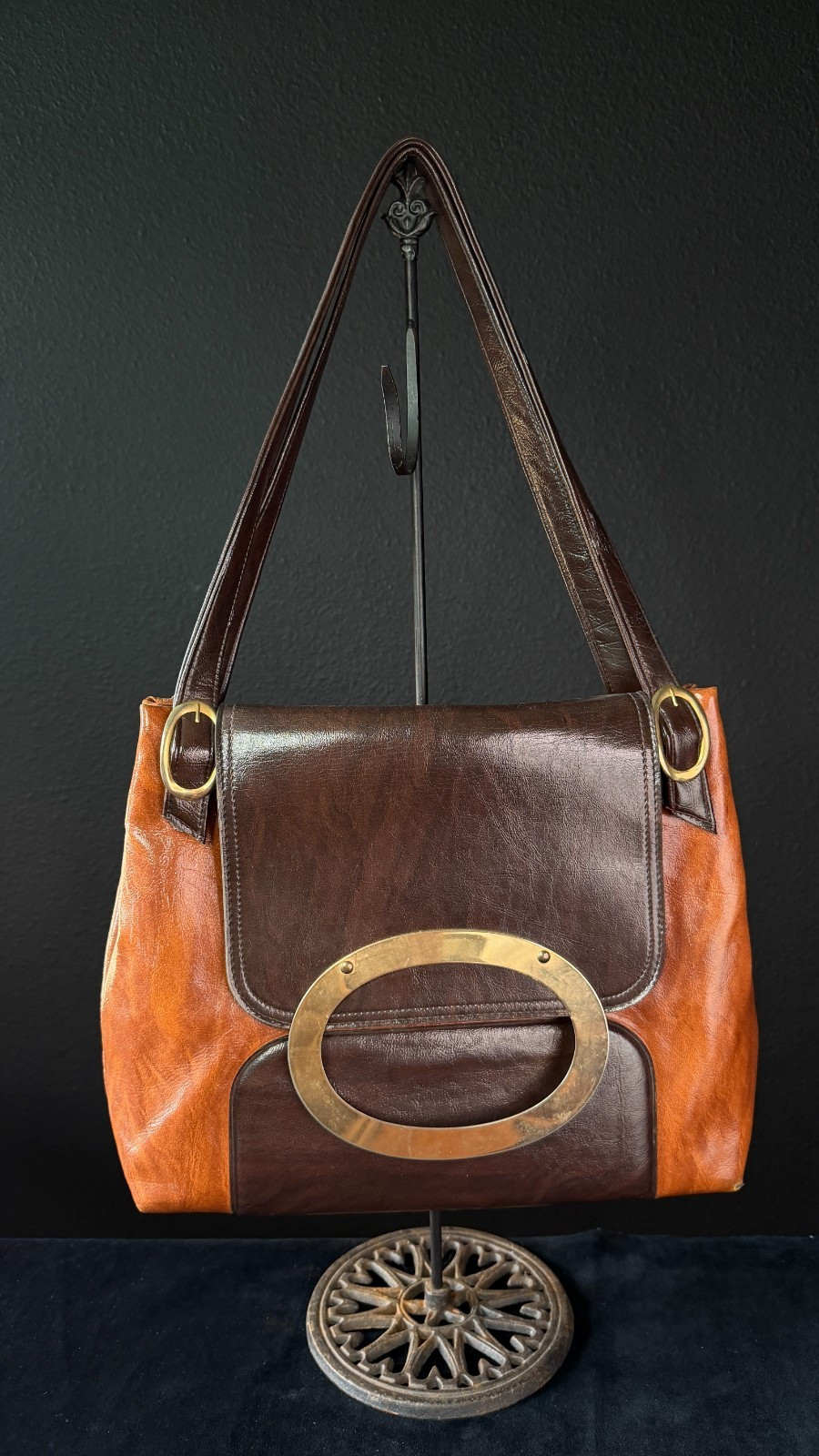 Vintage 1960s large brown vinyl purse shoulder bag two tone faux leather orange | eBay US