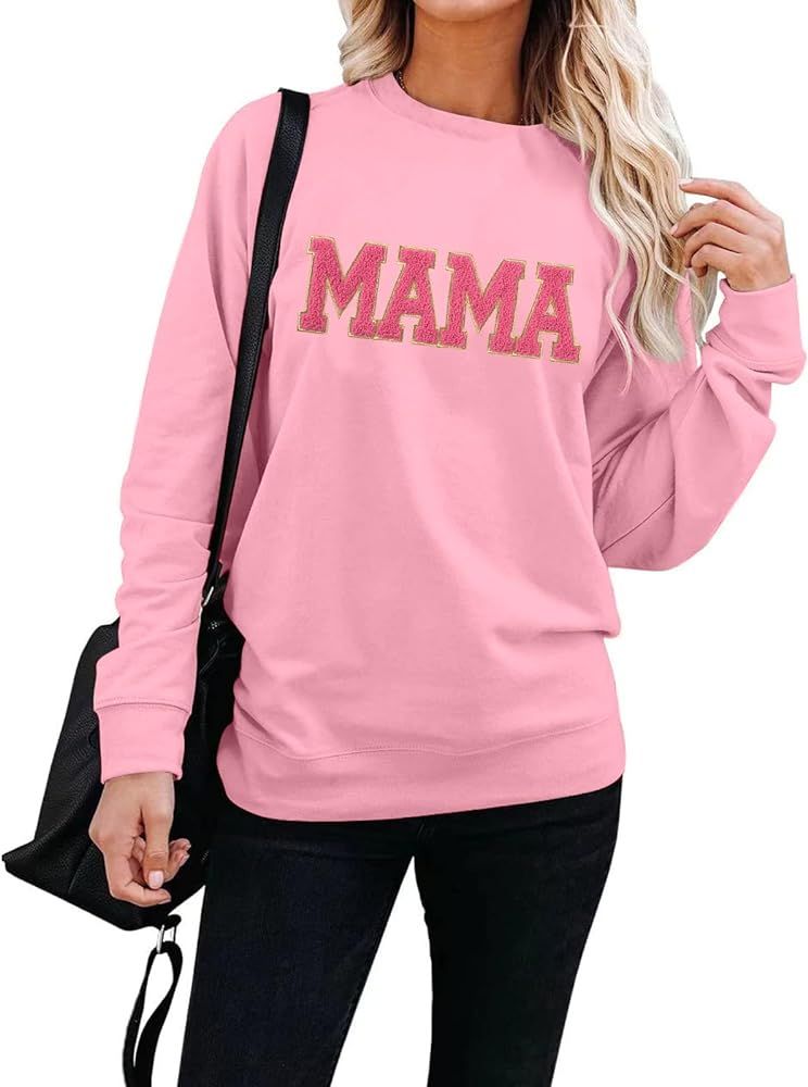SUPEYA Mama Sweatshirt Womens Glitter Patch MAMA Shirt Mama Letter Print Long Sleeve Loose Fashio... | Amazon (US)