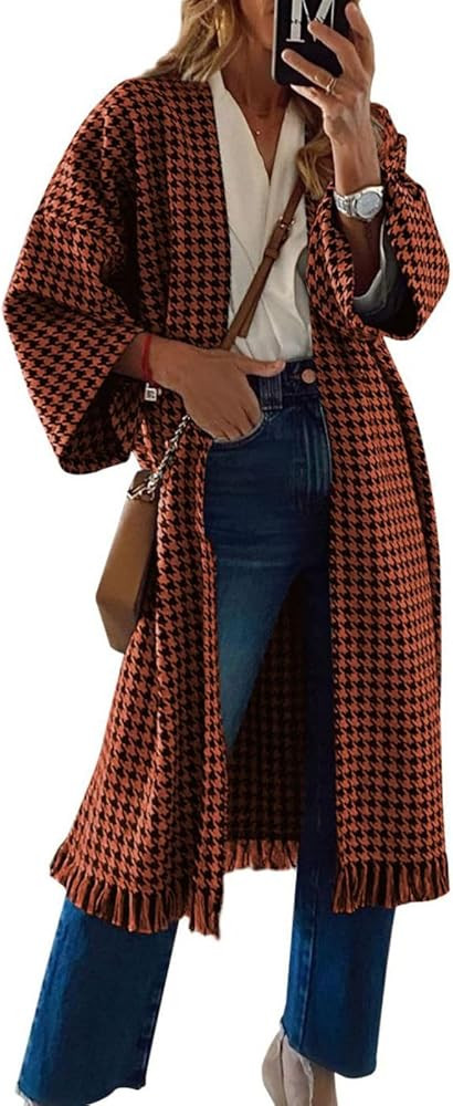 miduo Womens Long Sleeve Open Front Oversized Fit Houndstooth Plaid Long Cardigans Coats JACKETS ... | Amazon (US)