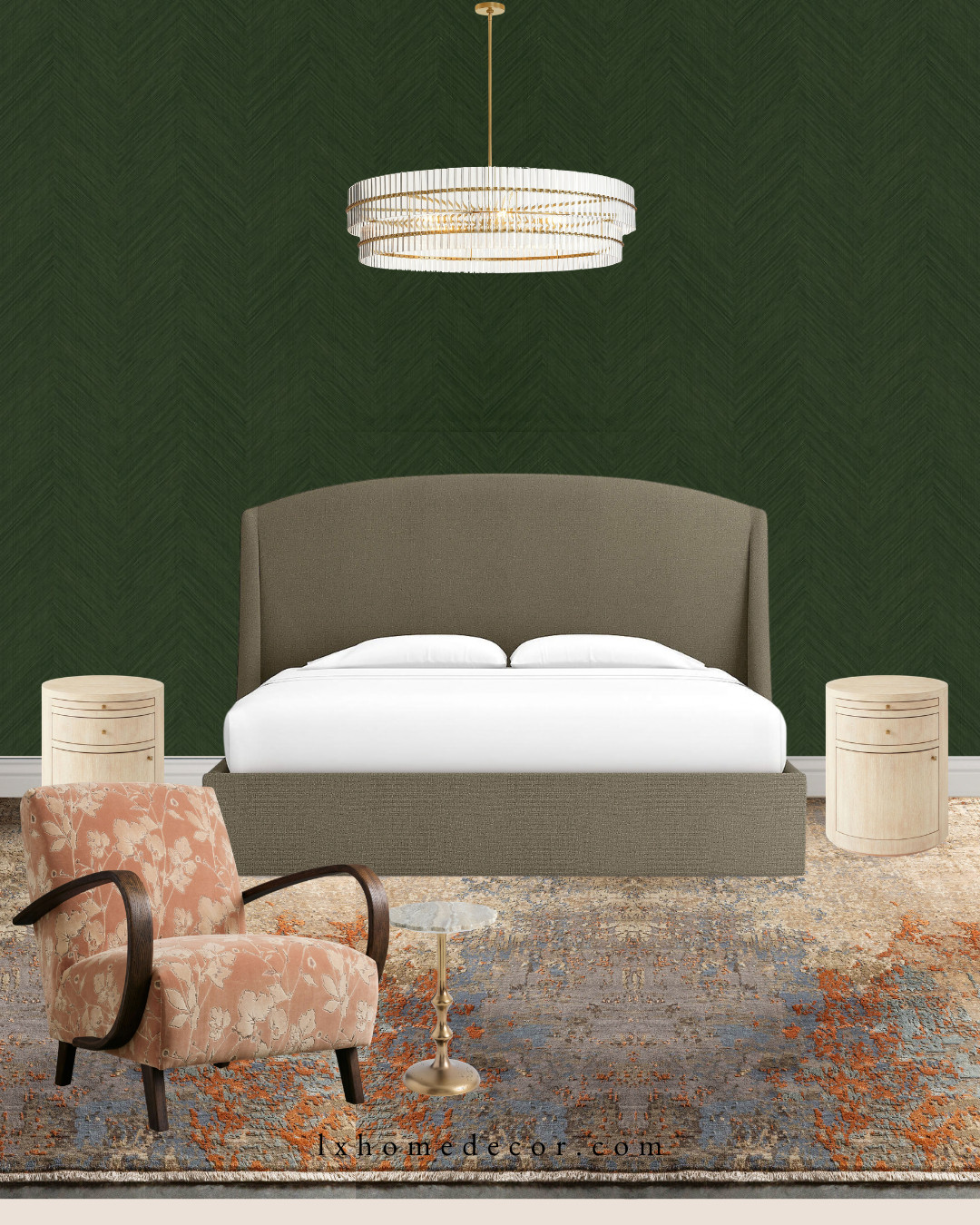 Moody Textures & Earthy Tones 

This bedroom edit pairs a deep green herringbone wall with a curved, taupe upholstered bed for a grounded feel. The light wood cylindrical nightstands provide a soft contrast, while the floral armchair and vibrant rug pull the warm accent colors together. A tiered crystal chandelier adds the final touch of high-end polish. Shop the look below.

#LTKhome #BedroomInspo #MoodyInteriors #DesignerHome 

 #LTKOver40 #LTKHome #LTKSaleAlert
