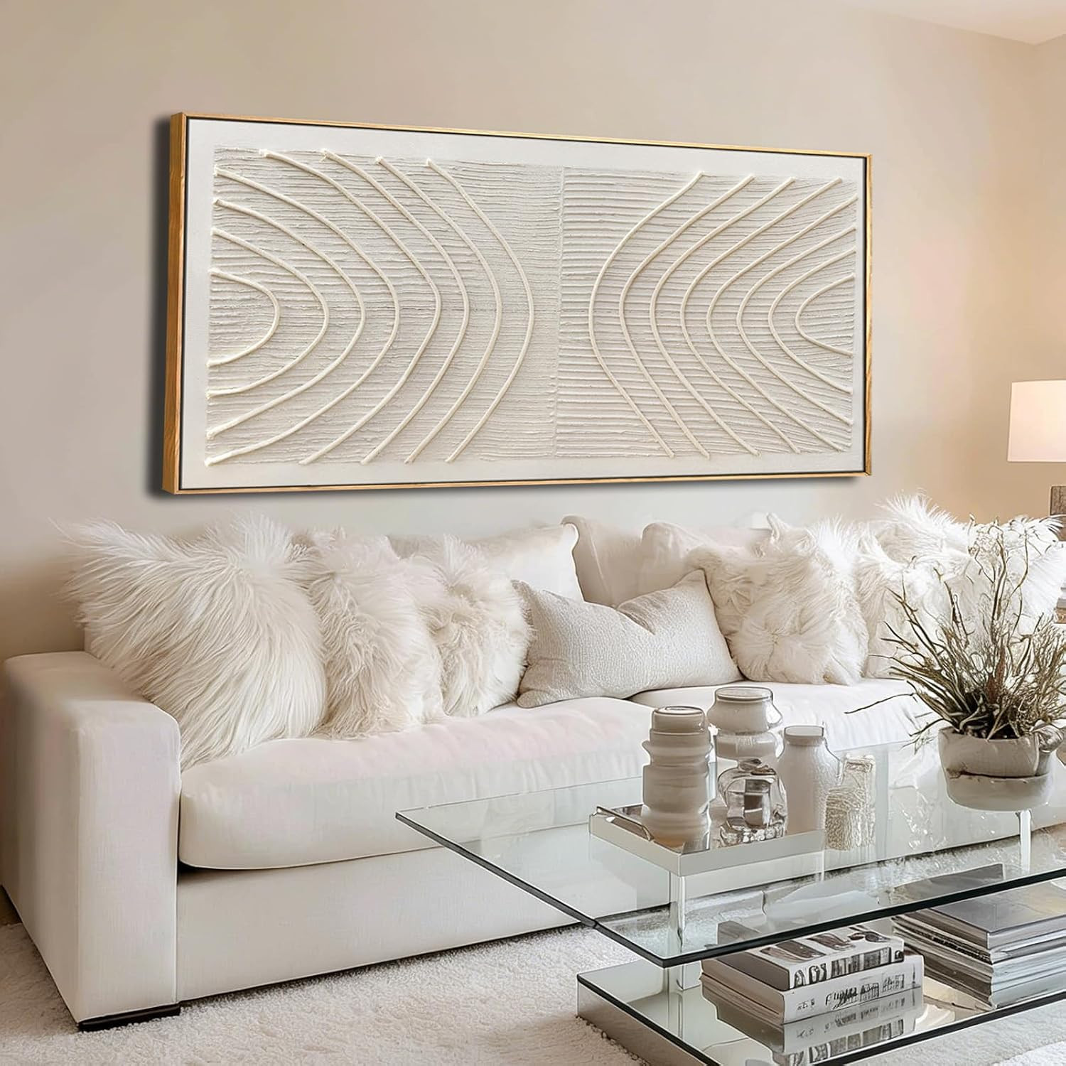 Hue7Art Linear Abstract Canvas Wood Frame Wall Art Cream White 24x48 | Amazon (US)