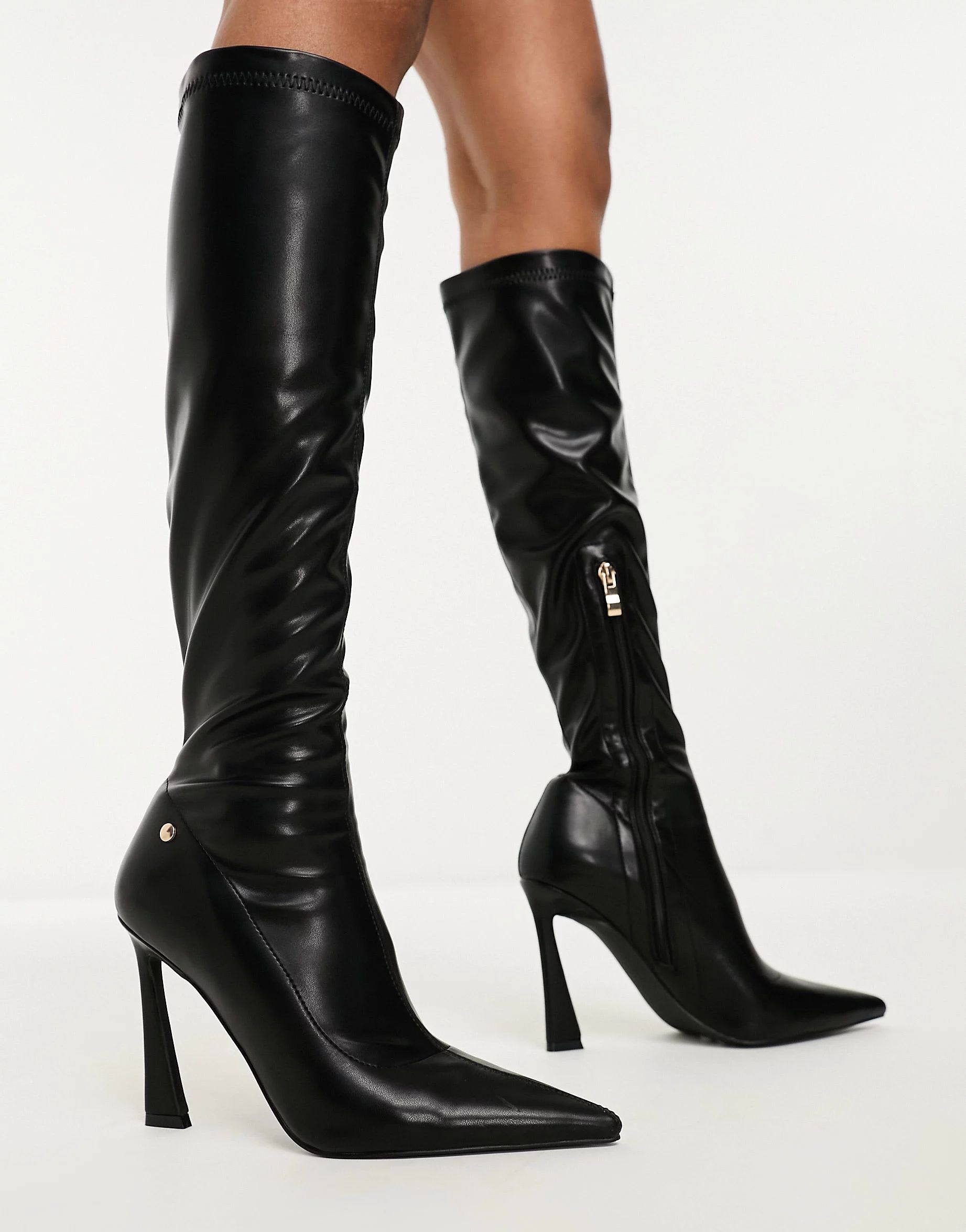 Simmi London Peak stretch knee boots in black | ASOS (Global)