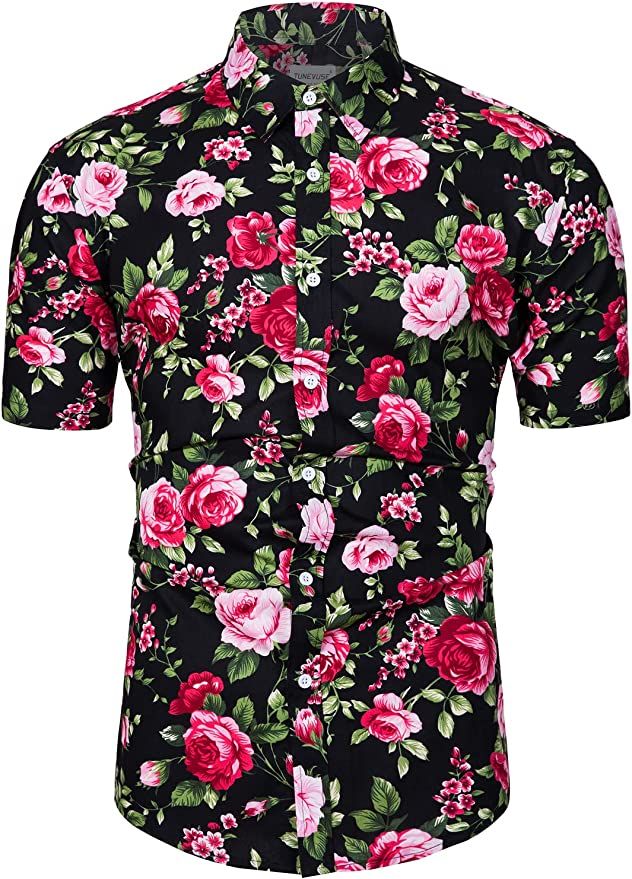 TUNEVUSE Mens Flower Shirt Short Sleeve Casual Floral Print Button Down Hawaiian Shirt 100% Cotto... | Amazon (US)