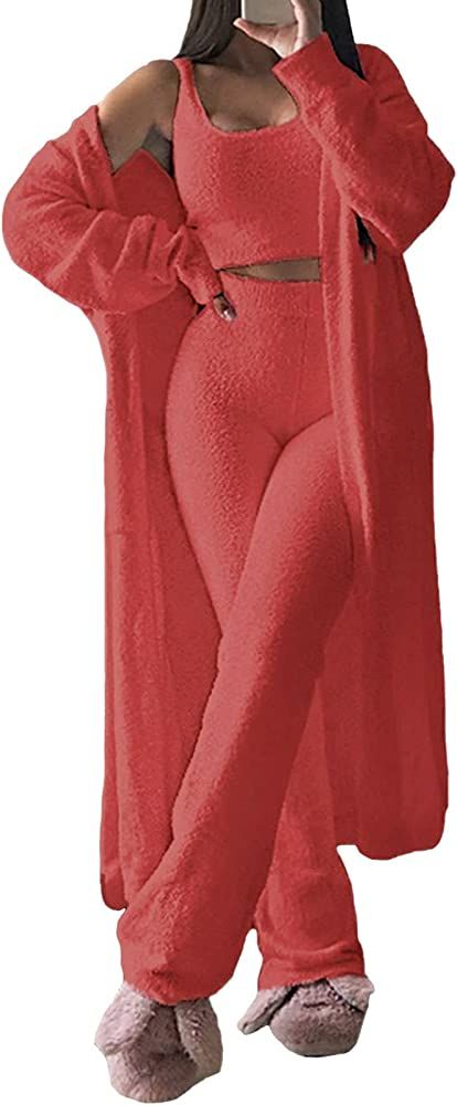 Fixmatti Women's Fuzzy 3 Piece Sweatsuit Open Front Cardigan Crop Tank Tops Wide Legs Pants Lounge S | Amazon (US)
