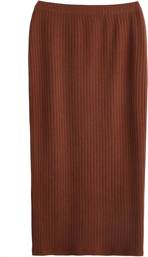 Amazon.com: SheIn Women's Basic Plain Stretchy Ribbed Knit Split Full Length Skirt Brown Small : ... | Amazon (US)