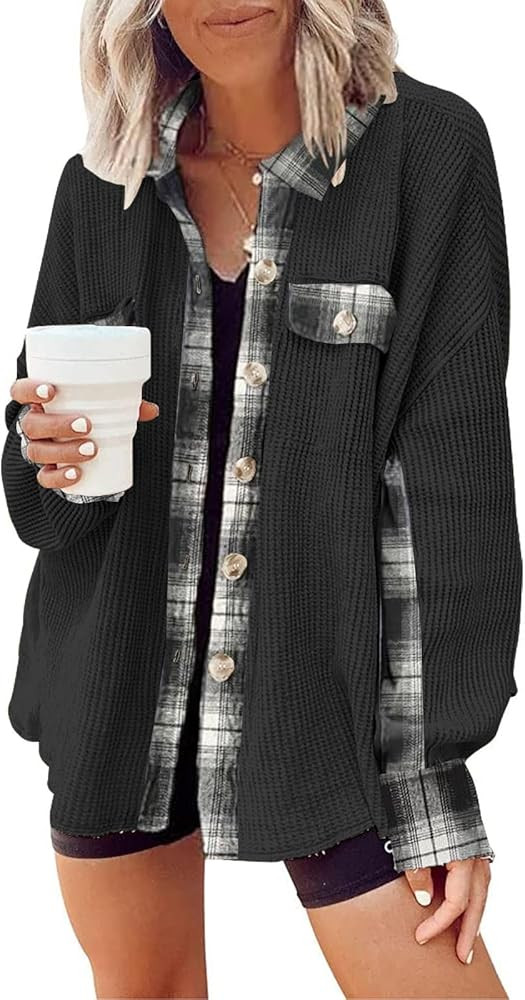 Womens Corduroy Button Down Shirts Color Block Long Sleeve Blouses Tops Jackets | Amazon (US)