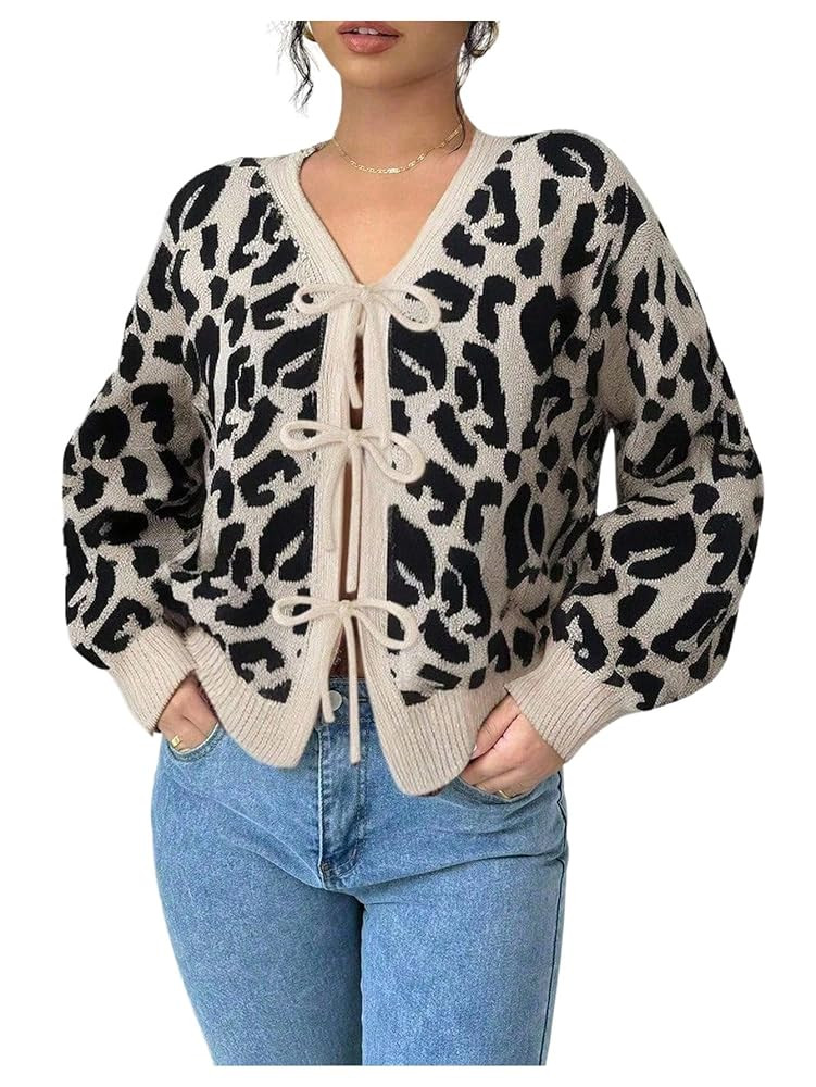 Women's Y2k Leopard Cardigan Sweater Tie Front Cardigan Cheetah Crop Sweater V Neck Long Sleeve K... | Amazon (US)