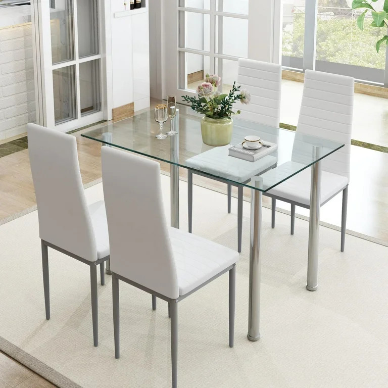 uhomepro White Kitchen Table Set, 5 Pieces Dining Table Set, Tempered Glass Dining Table and Chai... | Walmart (US)