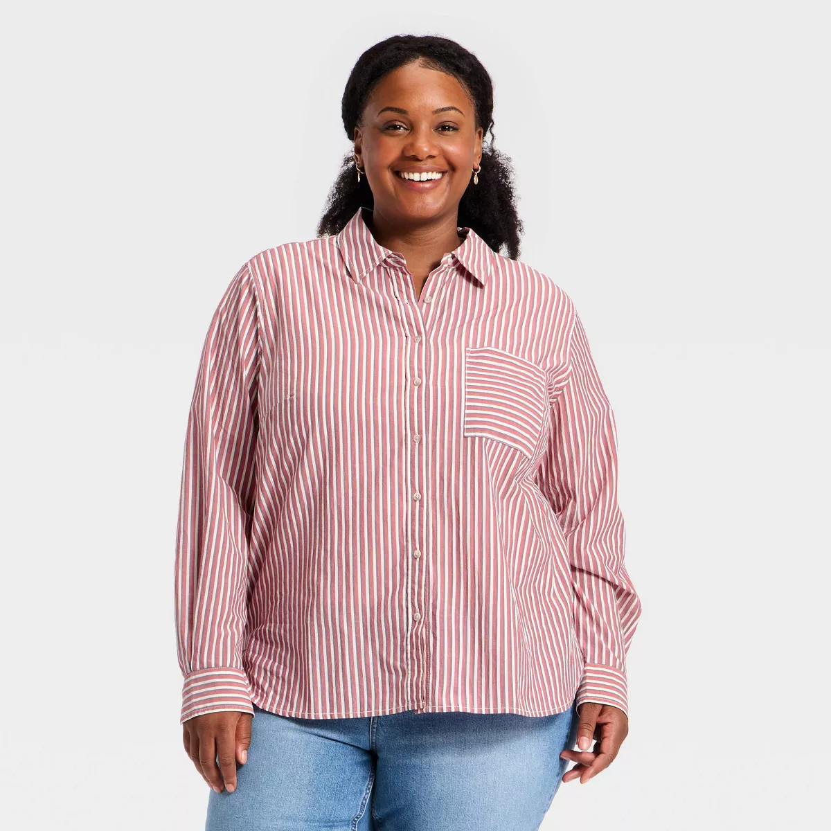 Women's Long Sleeve Collared Striped Button-Down Shirt - Universal Thread™ Red XXL | Target