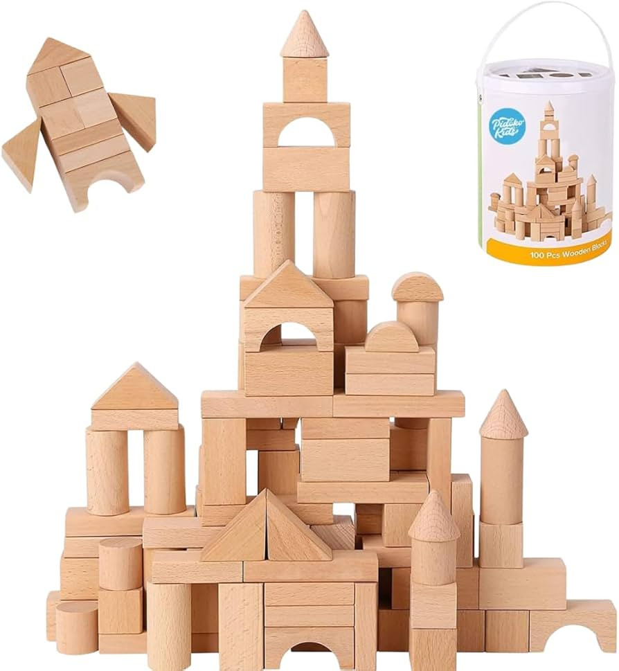 Pidoko Kids Wooden Blocks - 100 Pcs - Building Blocks for Toddlers - Includes Storage Container with Shape Sorter Lid - Natural Beech Wood Blocks - Preschool Learning Toys Stacking Block | Amazon (US)