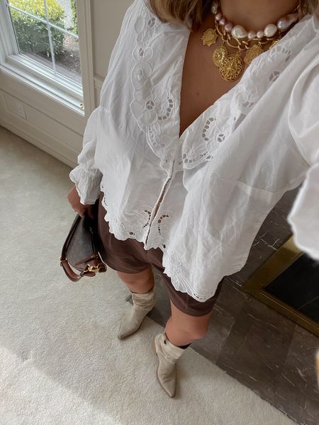 Free people top: M tts
Shorts old Abercrombie linked similar!
Boots I go up 1/2 they’re the BEST
brinker & Eliza necklaces 