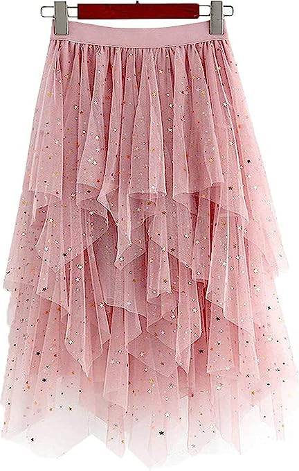 LBKKC Women's Tulle Skirt Formal High Low Asymmetrical Midi Tea-Length Elastic Waist Tutu Skirts | Amazon (US)