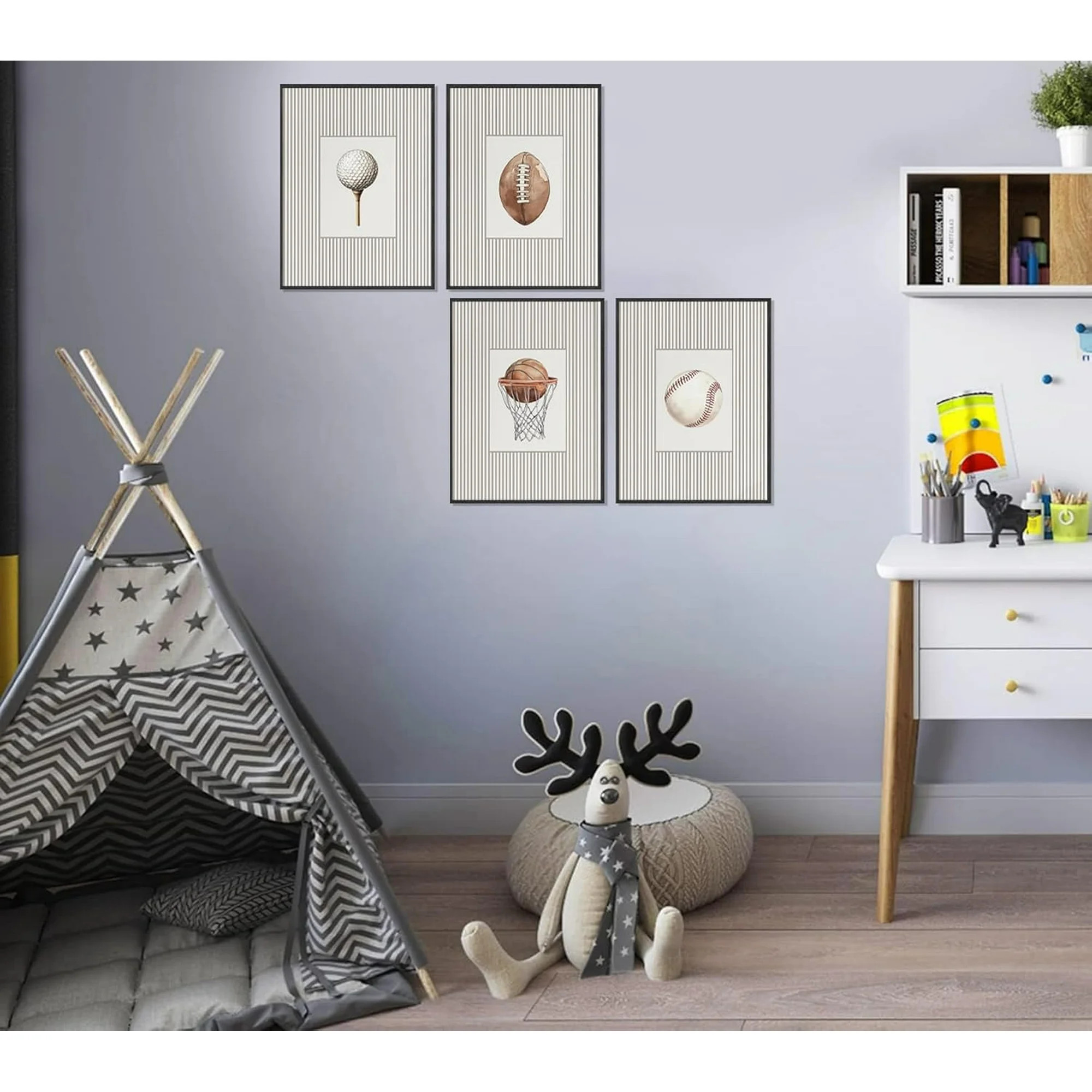 Aingg 4pcs Vintage Sports Wall Art Striped Baseball Football Golf Basketball Posters Artwork Grey... | Walmart (US)