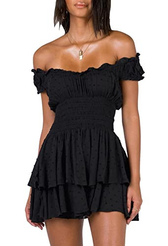 AOHITE Womens Summer Tube Top Dress Off-Shoulder Ruffled Flowy Mini Short Dresses Black Medium | Amazon (US)