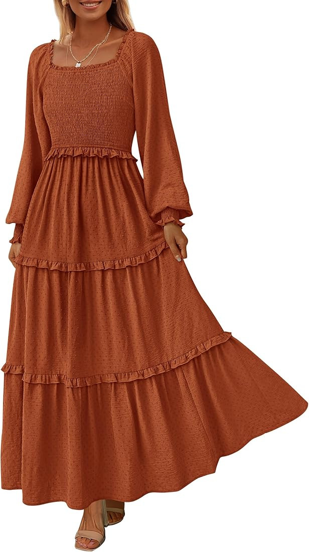 PRETTYGARDEN Women's Long Sleeve Smocked Maxi Dress Casual Square Neck Swiss Dot Tiered Ruffle Fl... | Amazon (US)