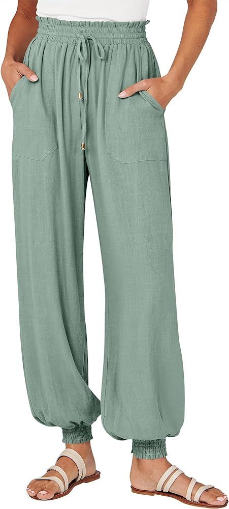 Caracilia Womens Summer Linen Pants Casual Loose Drawstring Elastic High Waist Ankle Length Comfy... | Amazon (US)