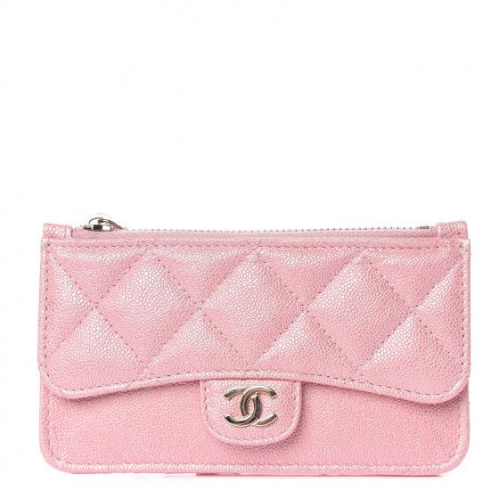 Iridescent Caviar Quilted Flap Zip Card Holder Pink | Fashionphile