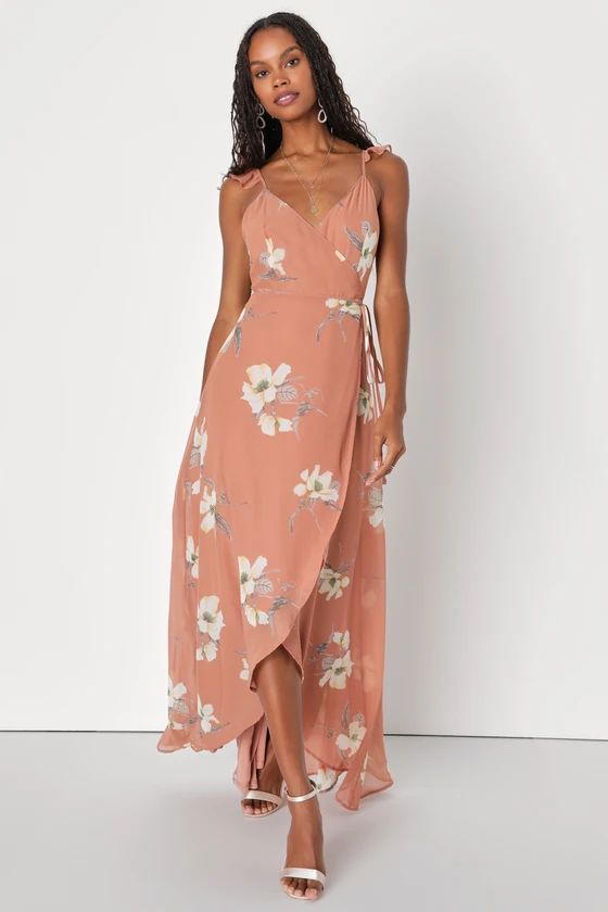 All Mine Rusty Rose Floral Print High-Low Wrap Dress | Lulus (US)