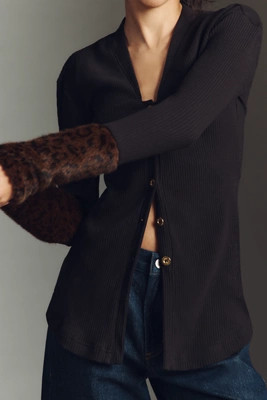 Maeve Faux Fur Cuff Button-Front Knit Top | Anthropologie (US)