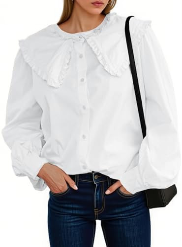 Tankaneo Womens Button Down Shirts Cotton Puff Sleeve Babydoll Blouse Fall Casual Doll Collar Top... | Amazon (US)