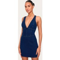 Indigo Plunge Corset Style Denim Mini Dress | PrettyLittleThing US