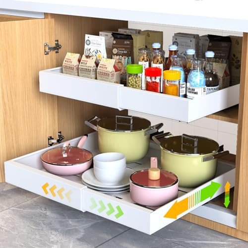 2 Pack Pull out Cabinet Organizer, Expandable Slide out Drawers Organizers,Durable Shelves Fixed with Adhesive Nano Film Compatible Framed Cabinets for Kitchen Pantry Adjustable Width 12.4"-20.4" | Amazon (US)