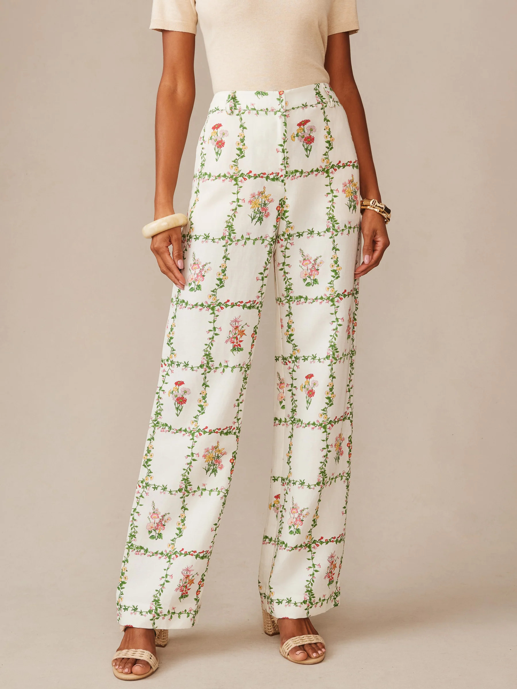 Off_White/Multi Floral Medley Frame Helen Linen Blend Pants | Women's Pants | J.McLaughlin | J.McLaughlin