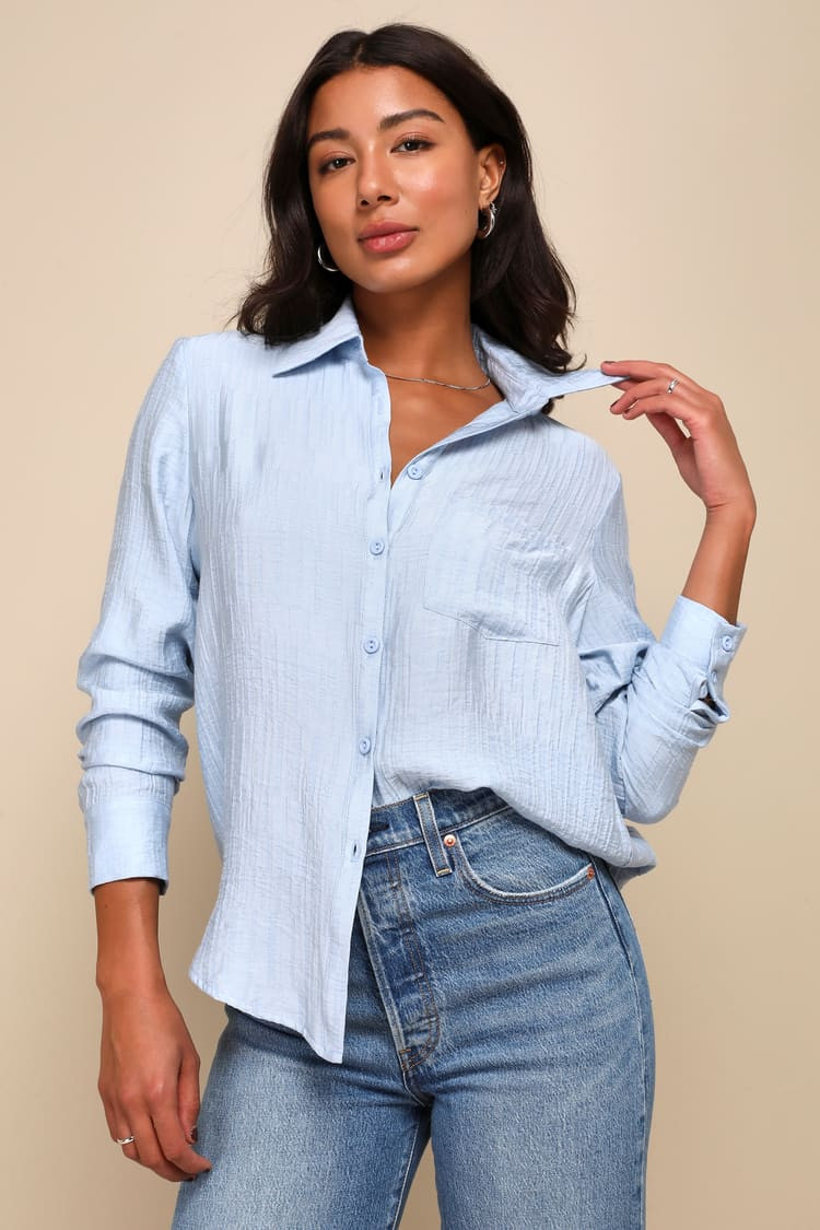 Certain Sophistication Light Blue Crinkled Button-Up Top | Lulus