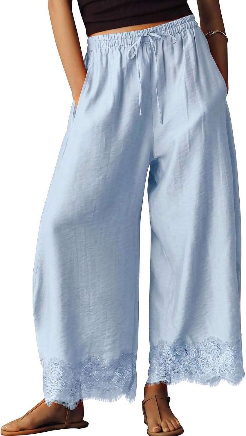 EXLURA Womens Cotton Lace Trim Wide Leg Cropped Pants Drawstring Trousers | Amazon (US)