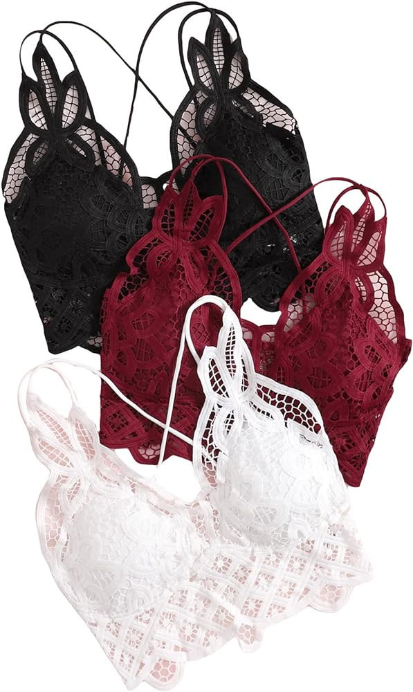 SOLY HUX Women's 3 Piece Guipure Lace Bra Underwire Criss Cross Back Longline Bralette | Amazon (US)