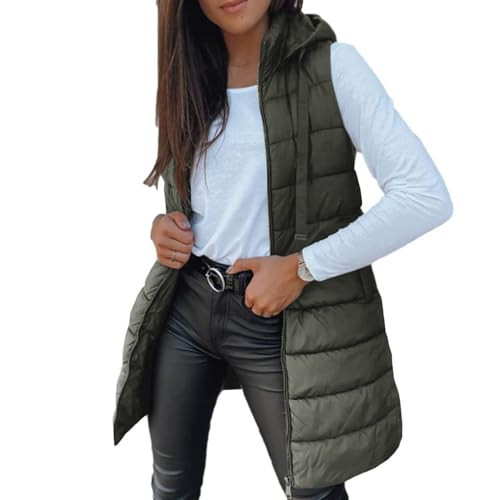 Long Puffer Vest Women with Hood Soild Color Sleeveless Hooded Jacket Lightweight Slim Fit Zip Up Jacket Puffy Vests | Amazon (US)