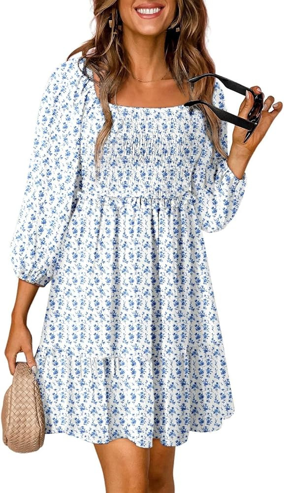 Dokotoo Womens Spring Summer Dresses 2025 Boho Floral Square Neck Smocked 3/4 Sleeve Casual A-Lin... | Amazon (US)