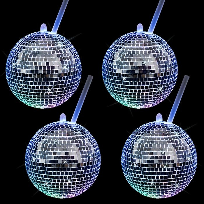 4 Pcs Disco Ball Cup with Lid and Straw LED Light up Disco Flash Ball Cocktail Cups Silver Spheri... | Amazon (US)