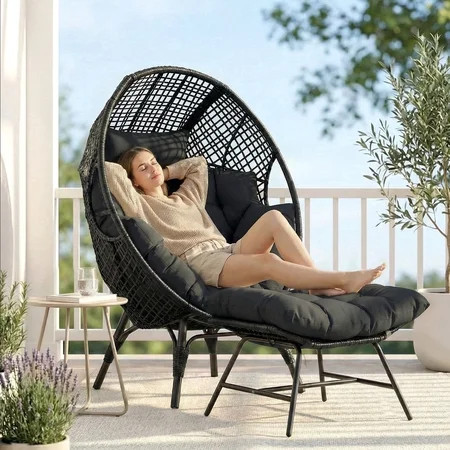 RADIATA Oversized Wicker Egg Chair with Ottoman, Rattan Lounge Chair for Indoor Outdoor Patio,Dark Gray | Walmart (US)