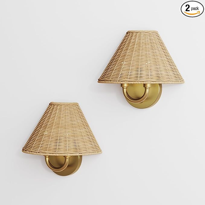 Nathan James Shoal Modern Rattan Wall Light Fixture with Rattan Shade and Vintaged Brass Metal Ba... | Amazon (US)