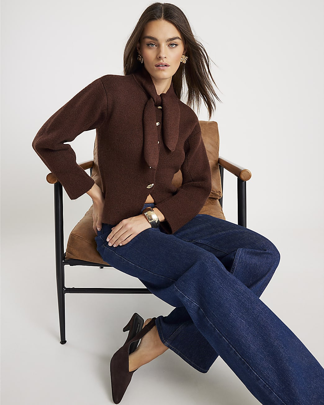 Brown Knitted Tie Neck Cardigan | River Island UK & IE