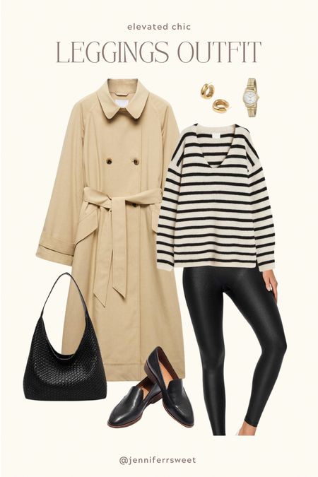 Elevated chic leggings outfit inspo! I always opt for faux leather leggings when elevating a leggings look, a longer sweater, cute flats, and always a trench coat! Coat: mango (xs) Leggings: Amazon (xs) Sweater: H&M (small) 

#LTKfindsunder100 #LTKsalealert #LTKstyletip