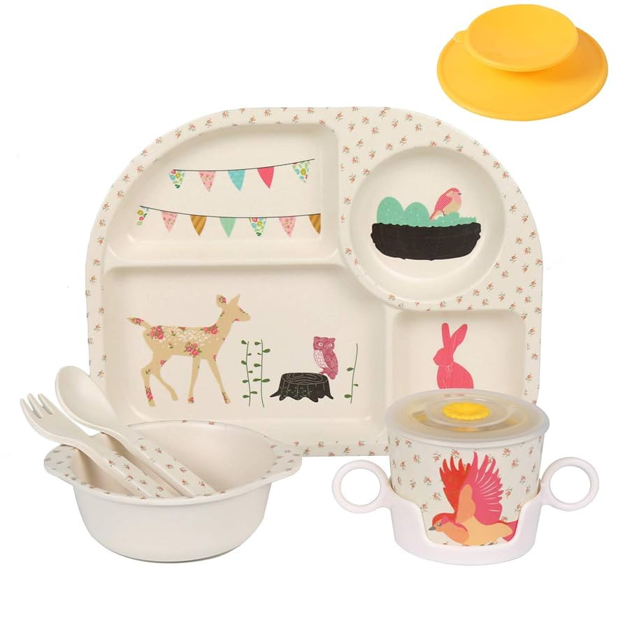 shopwithgreen 7Pcs/Set Bamboo Kids Dinnerware Set - Children Dishes - Food Plate Bowl Cup Spoon F... | Amazon (US)