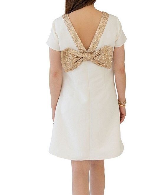 x Style Charade Allie Gold Sequin Trim Bow V-Back Short Sleeve A-Line Dress | Dillard's